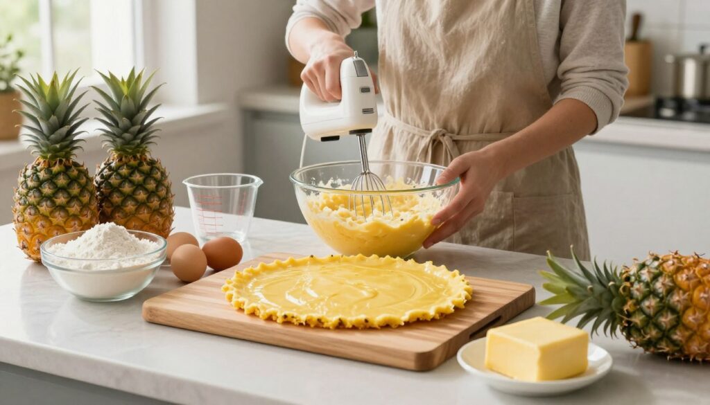 A beautifully arranged kitchen countertop showcasing the step-by-step preparation of a pineapple cake base. In the foreground, a wooden chopping board with fresh, ripe pineapples, an array of ingredients like flour, sugar, eggs, and butter, and a mixing bowl with batter in progress. In the middle, a detailed view of a person in modest casual attire, carefully whisking the mixture, with a hand mixer and measuring cups nearby to emphasize a homely cooking atmosphere. The background features a sunny kitchen with soft natural light streaming in through a window, highlighting the textures of the ingredients and the vibrant colors of the pineapples. The overall mood is warm and inviting, conveying the joy of baking.