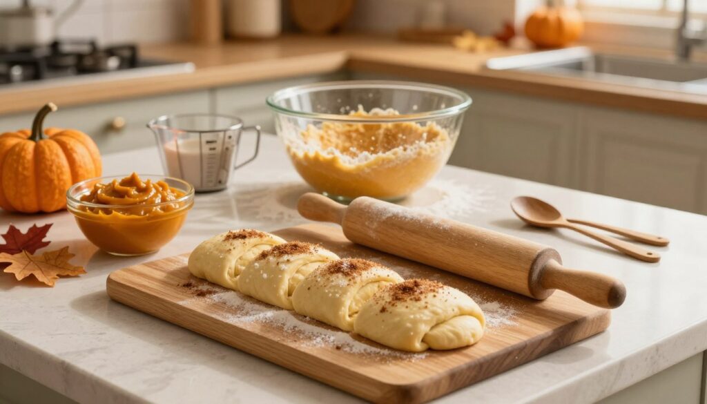 A beautifully arranged kitchen countertop showcasing the step-by-step preparation of pumpkin cinnamon rolls. In the foreground, a wooden board displays freshly kneaded dough rolled out with a rolling pin, sprinkled with cinnamon and sugar. Nearby, there's a small bowl of creamy pumpkin filling. In the middle, a mixing bowl holds the prepped dough with flour dusted around, while measuring cups and spoons are scattered. The background features a warm, softly lit kitchen with autumn-themed decorations like small pumpkins and dried leaves. The scene captures a cozy, inviting atmosphere, perfect for fall mornings. The lighting is warm and golden, suggesting early morning sunlight, highlighting the textures and colors of the ingredients beautifully. A beautifully arranged kitchen countertop showcasing the step-by-step preparation of pumpkin cinnamon rolls. In the foreground, a wooden board displays freshly kneaded dough rolled out with a rolling pin, sprinkled with cinnamon and sugar. Nearby, there's a small bowl of creamy pumpkin filling. In the middle, a mixing bowl holds the prepped dough with flour dusted around, while measuring cups and spoons are scattered. The background features a warm, softly lit kitchen with autumn-themed decorations like small pumpkins and dried leaves. The scene captures a cozy, inviting atmosphere, perfect for fall mornings. The lighting is warm and golden, suggesting early morning sunlight, highlighting the textures and colors of the ingredients beautifully.