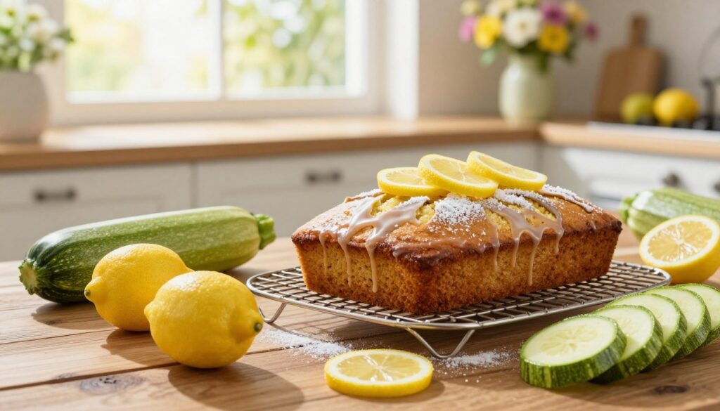 A beautifully arranged kitchen scene during summer, featuring a freshly baked lemon zucchini cake on a cooling rack, glistening with a light glaze. In the foreground, vibrant lemons and fresh zucchini are artistically scattered on a rustic wooden table, integrating the fresh ingredients used in the cake. The middle of the image showcases the cake, adorned with slices of lemon and a sprinkle of powdered sugar. In the background, sunlight streams through a large window, illuminating the warm, inviting atmosphere with soft, cheerful light. A delicate floral vase with summer blooms adds a touch of color on the counter, enhancing the seasonal mood. The angle is slightly tilted downward, capturing the texture of the cake and freshness of the ingredients, evoking a sense of joy and home baking.