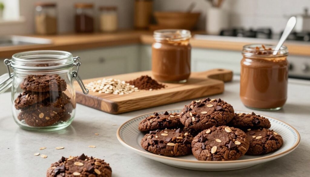 A beautifully arranged kitchen scene featuring a vibrant, inviting countertop filled with quick chocolate oatmeal no-bake cookies on a decorative plate. In the foreground, soft, warm lighting highlights the textured surface of the cookies, showcasing their chocolatey and oat-filled ingredients. A glass jar filled with extra cookies is open, suggesting freshness and easy storage. In the middle, a rustic wooden cutting board displays a few key ingredients like oats, cocoa powder, and a jar of nut butter, emphasizing the simplicity of the recipe. In the background, shelves stocked with baking essentials provide a homely ambiance. The overall mood is cozy and appealing, inviting viewers to enjoy the delicious treats. The angle should be slightly overhead to capture the arrangement and details effectively. A beautifully arranged kitchen scene featuring a vibrant, inviting countertop filled with quick chocolate oatmeal no-bake cookies on a decorative plate. In the foreground, soft, warm lighting highlights the textured surface of the cookies, showcasing their chocolatey and oat-filled ingredients. A glass jar filled with extra cookies is open, suggesting freshness and easy storage. In the middle, a rustic wooden cutting board displays a few key ingredients like oats, cocoa powder, and a jar of nut butter, emphasizing the simplicity of the recipe. In the background, shelves stocked with baking essentials provide a homely ambiance. The overall mood is cozy and appealing, inviting viewers to enjoy the delicious treats. The angle should be slightly overhead to capture the arrangement and details effectively.