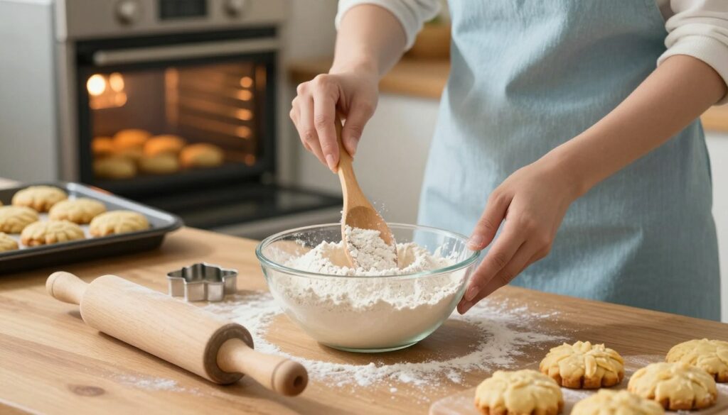 A beautifully arranged kitchen scene showcasing the step-by-step process of making shortcake biscuits. In the foreground, a wooden countertop displays a bowl filled with flour, sugar, and baking powder, alongside a rolling pin and biscuit cutter, glistening with flour dust. In the middle, a hand, clad in a light blue apron, is gently mixing the ingredients with a wooden spoon, highlighting the texture of the dough. In the background, a warm oven glows softly, hinting at freshly baked biscuits. The scene is bathed in soft, natural light coming from a nearby window, creating a warm and inviting atmosphere. The overall mood exudes comfort and culinary joy, ideal for homemade desserts. A beautifully arranged kitchen scene showcasing the step-by-step process of making shortcake biscuits. In the foreground, a wooden countertop displays a bowl filled with flour, sugar, and baking powder, alongside a rolling pin and biscuit cutter, glistening with flour dust. In the middle, a hand, clad in a light blue apron, is gently mixing the ingredients with a wooden spoon, highlighting the texture of the dough. In the background, a warm oven glows softly, hinting at freshly baked biscuits. The scene is bathed in soft, natural light coming from a nearby window, creating a warm and inviting atmosphere. The overall mood exudes comfort and culinary joy, ideal for homemade desserts.