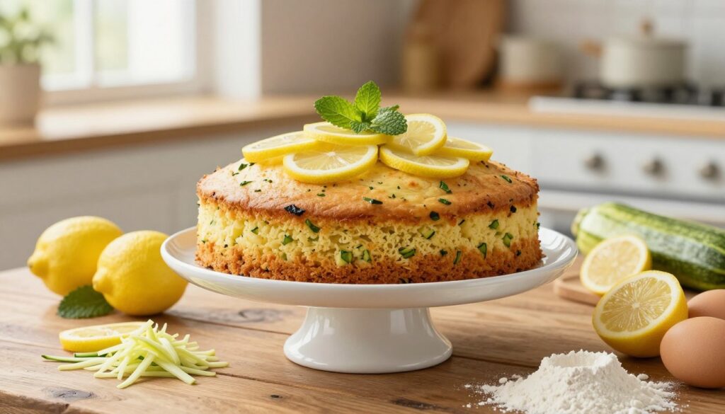 A beautifully arranged lemon zucchini cake on a rustic wooden table, showcasing its golden, moist texture dotted with green flecks of zucchini. The cake is elegantly layered and displayed on a delicate white cake stand, adorned with thin slices of fresh lemon and sprigs of mint for garnish. Surrounding the cake are ingredients used in the recipe: vibrant yellow lemons, freshly grated zucchini, a scattering of flour, and eggs, all artistically placed. The background features a softly blurred kitchen setting with warm, natural light streaming through a nearby window, creating an inviting and cozy atmosphere. The focus is on the cake with a shallow depth of field, emphasizing its delectable appeal while softly fading the background for a homely, culinary feel.