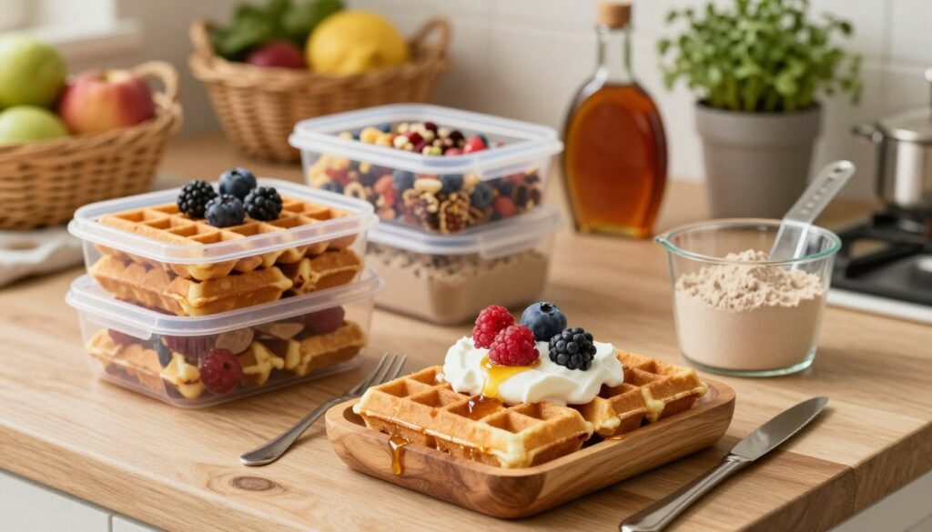 A beautifully arranged meal prep scene featuring easy protein waffles, artfully stacked in natural wood containers. In the foreground, show golden-brown waffles topped with fresh berries, Greek yogurt, and a drizzle of honey, with a pair of fork and knife elegantly placed beside them. In the middle, include organized meal prep containers filled with waffles, a bowl of mixed toppings, and a measuring cup filled with protein powder, all set on a rustic kitchen countertop. The background includes soft focus kitchen elements like a fruit basket, a bottle of maple syrup, and a potted herb plant. Warm, natural lighting creates a cozy atmosphere, with a shallow depth of field emphasizing the waffles while gently blurring the background, inviting viewers into a wholesome, healthy meal prep vibe. A beautifully arranged meal prep scene featuring easy protein waffles, artfully stacked in natural wood containers. In the foreground, show golden-brown waffles topped with fresh berries, Greek yogurt, and a drizzle of honey, with a pair of fork and knife elegantly placed beside them. In the middle, include organized meal prep containers filled with waffles, a bowl of mixed toppings, and a measuring cup filled with protein powder, all set on a rustic kitchen countertop. The background includes soft focus kitchen elements like a fruit basket, a bottle of maple syrup, and a potted herb plant. Warm, natural lighting creates a cozy atmosphere, with a shallow depth of field emphasizing the waffles while gently blurring the background, inviting viewers into a wholesome, healthy meal prep vibe.
