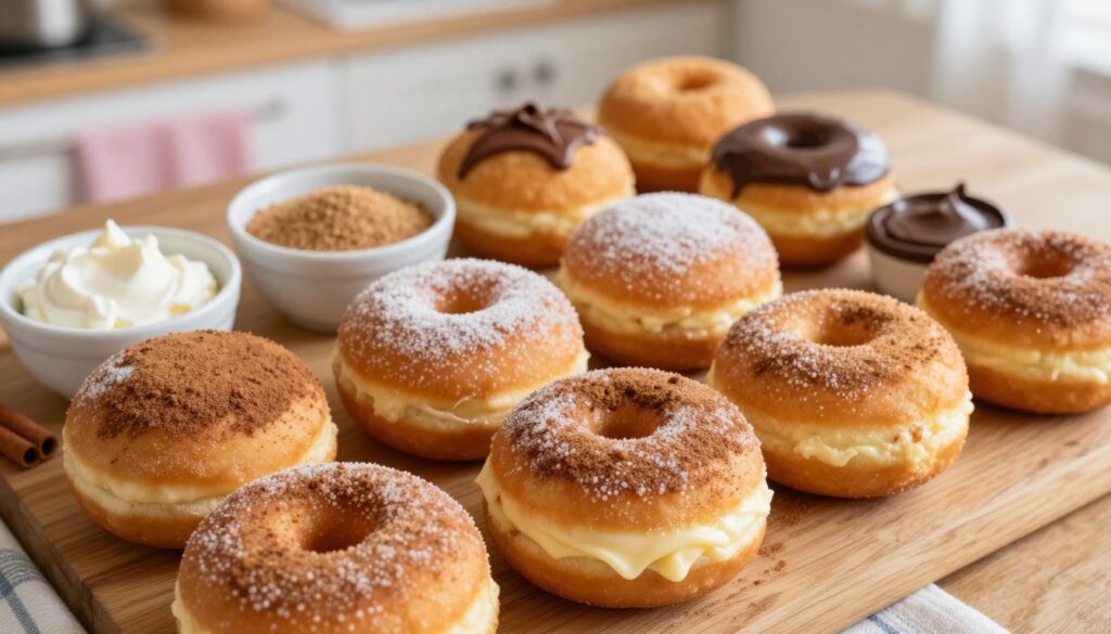 A beautifully arranged overhead view of homemade churro cheesecake donuts, showcasing a variety of flavors. The foreground features several plump, golden-brown donuts dusted with cinnamon sugar, with a rich, creamy cheesecake filling peeking out from one side. Soft, warm lighting enhances the inviting texture of the donuts. In the middle, a rustic wooden table is adorned with small bowls filled with ingredients: cream cheese, sugar, cinnamon, and melted chocolate, providing a pop of color and detail. The background is softly blurred, hinting at a cozy kitchen setting with warm tones and pastel accents, evoking a sense of home and comfort. The overall mood is warm, inviting, and indulgent, perfect for a delightful dessert recipe.