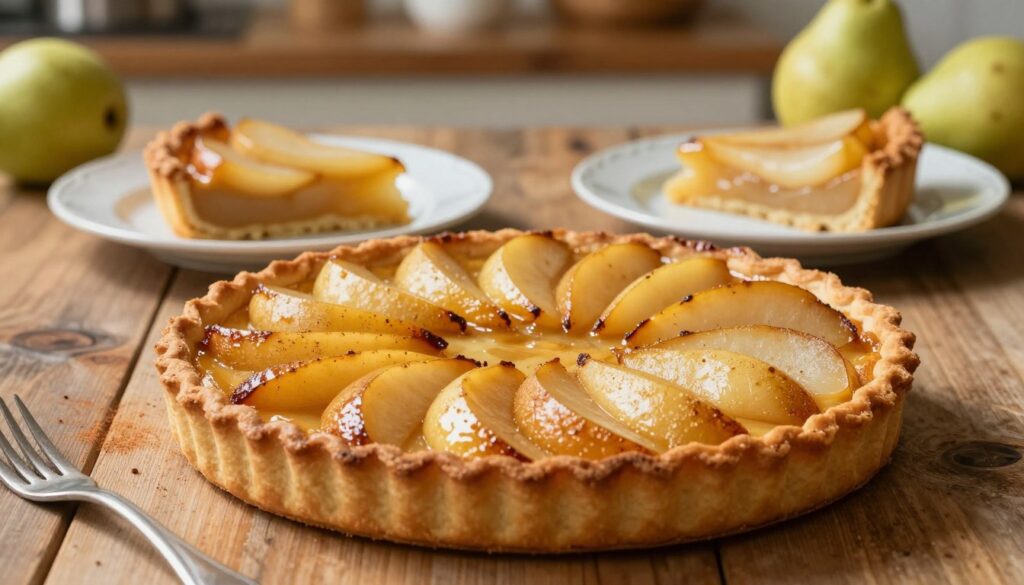A beautifully arranged pear tart sits elegantly on a rustic wooden table, showcasing its golden-brown crust and glossy, caramelized pear slices artfully arranged on top. The foreground highlights the tart's flaky texture, with a hint of cinnamon dusting creating an inviting aroma. In the middle ground, a delicate porcelain plate holds a single slice of the tart, revealing its luscious filling and buttery crust. Soft, warm lighting accentuates the tart's rich colors, casting gentle shadows. The background features a softly blurred kitchen setting with a hint of fresh pears and baking ingredients, evoking a cozy, inviting atmosphere. The scene is vibrant and homely, inviting the viewer to savor the deliciousness of this delightful dessert. A beautifully arranged pear tart sits elegantly on a rustic wooden table, showcasing its golden-brown crust and glossy, caramelized pear slices artfully arranged on top. The foreground highlights the tart's flaky texture, with a hint of cinnamon dusting creating an inviting aroma. In the middle ground, a delicate porcelain plate holds a single slice of the tart, revealing its luscious filling and buttery crust. Soft, warm lighting accentuates the tart's rich colors, casting gentle shadows. The background features a softly blurred kitchen setting with a hint of fresh pears and baking ingredients, evoking a cozy, inviting atmosphere. The scene is vibrant and homely, inviting the viewer to savor the deliciousness of this delightful dessert.