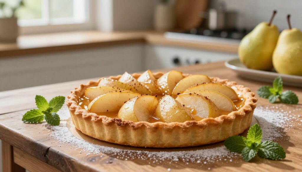 A beautifully arranged pear tart sits elegantly on a rustic wooden table, showcasing its golden flaky crust. The tart is filled with luscious, caramelized slices of ripe pears, glistening with a light honey glaze, and sprinkled with a hint of cinnamon for added warmth. Surrounding the tart are delicate garnishes of fresh mint leaves and a dusting of powdered sugar, creating a fresh and inviting atmosphere. Soft natural light floods the scene from a nearby window, casting gentle shadows and highlighting the tart's textures. In the background, a blurred kitchen countertop with baking tools and fresh pears hints at the preparation process, conveying a sense of creativity and homely charm. The overall mood is warm and inviting, celebrating the joy of baking with a modern twist. A beautifully arranged pear tart sits elegantly on a rustic wooden table, showcasing its golden flaky crust. The tart is filled with luscious, caramelized slices of ripe pears, glistening with a light honey glaze, and sprinkled with a hint of cinnamon for added warmth. Surrounding the tart are delicate garnishes of fresh mint leaves and a dusting of powdered sugar, creating a fresh and inviting atmosphere. Soft natural light floods the scene from a nearby window, casting gentle shadows and highlighting the tart's textures. In the background, a blurred kitchen countertop with baking tools and fresh pears hints at the preparation process, conveying a sense of creativity and homely charm. The overall mood is warm and inviting, celebrating the joy of baking with a modern twist.