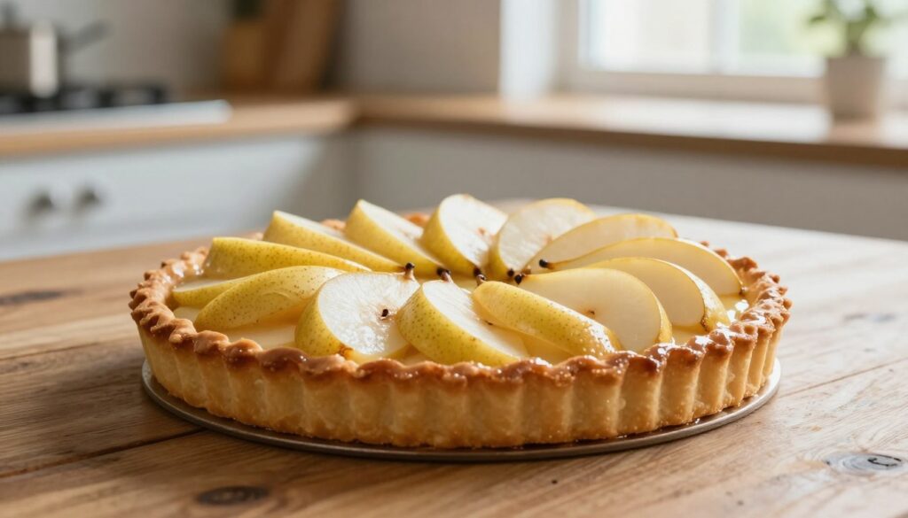 A beautifully arranged pear tart sits gracefully on a rustic wooden table, highlighting its golden-brown crust, glistening with a light sheen of glaze. The tart is intricately topped with fresh, perfectly sliced ripe pears, their soft, creamy texture contrasting with the crisp edges of the pastry. In the background, a kitchen setting softly blurred, with gentle natural light streaming through a nearby window, creating a warm and inviting atmosphere. A subtle bokeh effect enhances the focus on the tart, showcasing its details and inviting viewers to appreciate the art of selecting and slicing fruit. The image captures a serene moment, encouraging the viewer to feel the warmth of home baking and the joy of using fresh ingredients. A beautifully arranged pear tart sits gracefully on a rustic wooden table, highlighting its golden-brown crust, glistening with a light sheen of glaze. The tart is intricately topped with fresh, perfectly sliced ripe pears, their soft, creamy texture contrasting with the crisp edges of the pastry. In the background, a kitchen setting softly blurred, with gentle natural light streaming through a nearby window, creating a warm and inviting atmosphere. A subtle bokeh effect enhances the focus on the tart, showcasing its details and inviting viewers to appreciate the art of selecting and slicing fruit. The image captures a serene moment, encouraging the viewer to feel the warmth of home baking and the joy of using fresh ingredients.