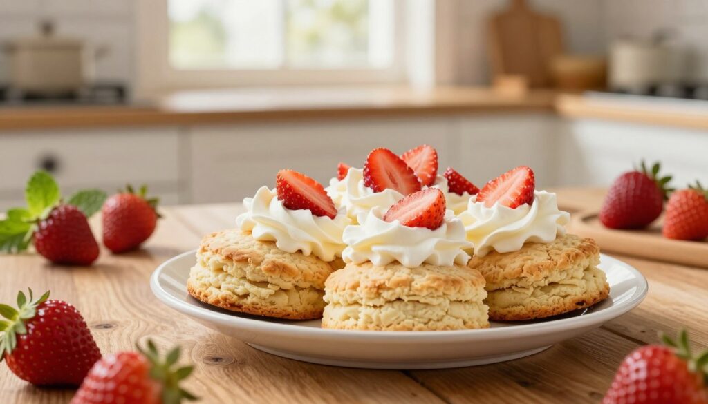 A beautifully arranged plate of classic shortcake biscuits, lightly golden and flaky, sits in the foreground, topped with a generous dollop of freshly whipped cream and a scattering of vibrant, ripe strawberries. The middle features a rustic wooden table, enhancing the homemade charm, while hints of green leaves and mint add a touch of freshness. In the background, softly blurred, a sunlit kitchen with warm light streaming through a window creates a welcoming atmosphere, inviting viewers to imagine a delightful dessert experience. The scene is captured with a soft-focus lens, emphasizing the textures of the biscuits and the freshness of the toppings, evoking a warm, inviting mood perfect for serving suggestions. A beautifully arranged plate of classic shortcake biscuits, lightly golden and flaky, sits in the foreground, topped with a generous dollop of freshly whipped cream and a scattering of vibrant, ripe strawberries. The middle features a rustic wooden table, enhancing the homemade charm, while hints of green leaves and mint add a touch of freshness. In the background, softly blurred, a sunlit kitchen with warm light streaming through a window creates a welcoming atmosphere, inviting viewers to imagine a delightful dessert experience. The scene is captured with a soft-focus lens, emphasizing the textures of the biscuits and the freshness of the toppings, evoking a warm, inviting mood perfect for serving suggestions.