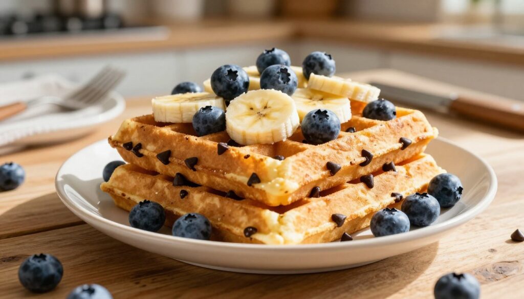 A beautifully arranged plate of delicious protein waffles stacked high, generously studded with semi-sweet chocolate chips. The waffles are topped with vibrant, freshly sliced bananas and plump blueberries, creating a delightful contrast of colors. In the foreground, the waffles are set on a rustic wooden table, with a soft morning light illuminating them, casting gentle shadows. In the background, there are hints of a cozy kitchen atmosphere, featuring blurred kitchen utensils and a warm, inviting ambiance. The angle is slightly elevated to capture the texture of the waffles and the glistening fruits. The overall mood is cheerful and inviting, perfect for a healthy breakfast boost. A beautifully arranged plate of delicious protein waffles stacked high, generously studded with semi-sweet chocolate chips. The waffles are topped with vibrant, freshly sliced bananas and plump blueberries, creating a delightful contrast of colors. In the foreground, the waffles are set on a rustic wooden table, with a soft morning light illuminating them, casting gentle shadows. In the background, there are hints of a cozy kitchen atmosphere, featuring blurred kitchen utensils and a warm, inviting ambiance. The angle is slightly elevated to capture the texture of the waffles and the glistening fruits. The overall mood is cheerful and inviting, perfect for a healthy breakfast boost.