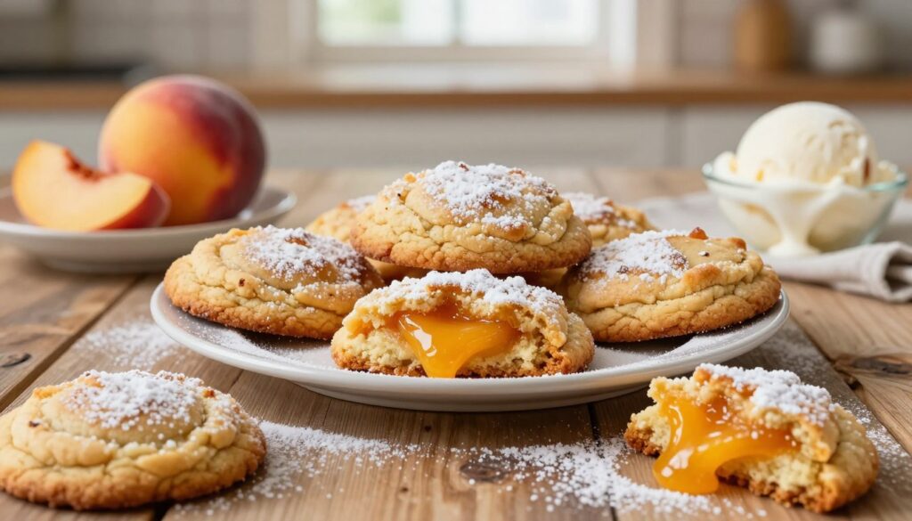 A beautifully arranged plate of freshly baked peach cobbler cookies, golden-brown and perfectly crisped on the edges, with a slightly soft center that showcases their juicy peach filling. The cookies are sprinkled with a light dusting of powdered sugar, adding a touch of sweetness. In the foreground, a few cookies are slightly broken apart, revealing the luscious, gooey peach filling inside. The middle layer features a rustic wooden table surface, enhancing the homemade feel, with a small bowl of sliced peaches and a scoop of vanilla ice cream nearby, melting slightly. Soft, natural light spills in from a window above, casting gentle shadows and creating a warm, inviting atmosphere. The background is blurred to keep the focus on the cookies, with hints of a cozy kitchen setting, conveying a sense of comfort and indulgence. A beautifully arranged plate of freshly baked peach cobbler cookies, golden-brown and perfectly crisped on the edges, with a slightly soft center that showcases their juicy peach filling. The cookies are sprinkled with a light dusting of powdered sugar, adding a touch of sweetness. In the foreground, a few cookies are slightly broken apart, revealing the luscious, gooey peach filling inside. The middle layer features a rustic wooden table surface, enhancing the homemade feel, with a small bowl of sliced peaches and a scoop of vanilla ice cream nearby, melting slightly. Soft, natural light spills in from a window above, casting gentle shadows and creating a warm, inviting atmosphere. The background is blurred to keep the focus on the cookies, with hints of a cozy kitchen setting, conveying a sense of comfort and indulgence.