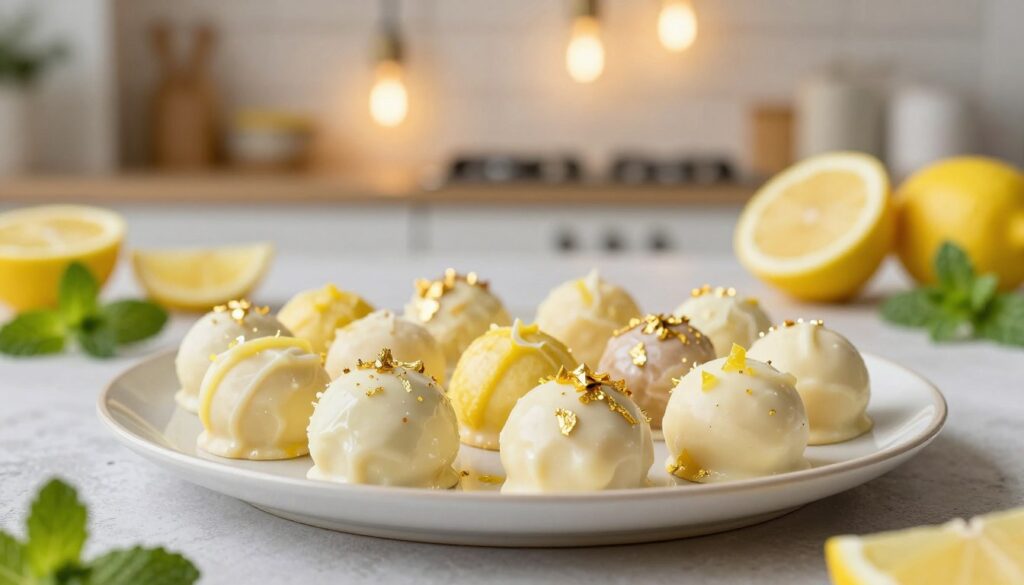 A beautifully arranged plate of gourmet lemon truffles sits elegantly in the foreground, showcasing a variety of flavor variations. Each truffle is delicately coated in a smooth, glossy white chocolate shell, with hints of zesty lemon zest and sprinkles of vibrant edible gold leaf. The middle ground features a softly blurred setting of a rustic kitchen countertop adorned with fresh lemon slices and sprigs of mint, enhancing the mouthwatering appeal. In the background, a warm, inviting glow emanates from softly lit pendant lights, creating a cozy atmosphere. The overall mood is bright and cheerful, evoking a sense of indulgence and celebration. The shot is taken from a slightly elevated angle, using natural soft lighting to highlight the textures of the truffles and their glossy finish, inviting the viewer to savor the flavors.