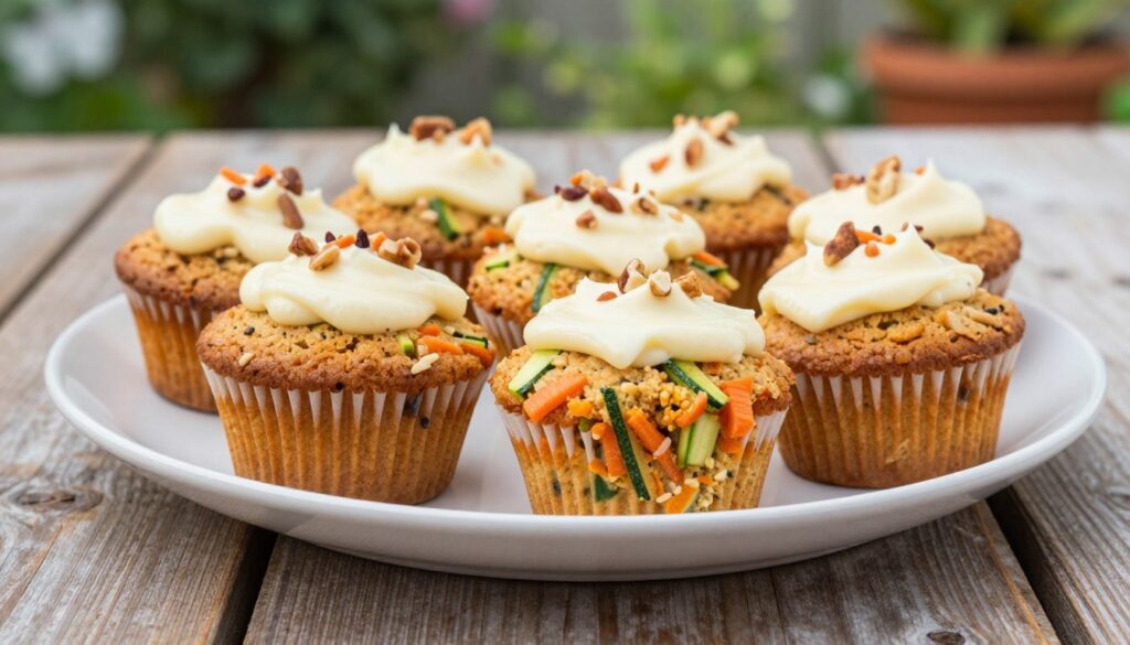 A beautifully arranged plate of healthy carrot cake zucchini muffins, showcasing their moist, inviting texture and studded with grated carrots and zucchini. The muffins are adorned with a light cream cheese frosting, gently drizzled on top, and garnished with a sprinkle of nuts for added crunch. In the foreground, soft natural lighting highlights the muffins' vibrant orange and green colors. The background features a rustic wooden table, complemented by a blurred garden view with hints of greenery to evoke a fresh, wholesome atmosphere. The scene should feel warm and inviting, perfect for a cozy baking session. The angle should be slightly overhead to emphasize the muffins' appealing presentation, capturing a delectable, mouth-watering experience.
