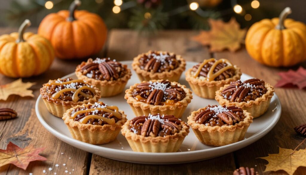 A beautifully arranged plate of holiday pecan tarts, showcasing a variety of creative variations. In the foreground, focus on a selection of golden-brown tarts, each nestled in delicate pastry shells, filled with rich pecan pie filling and garnished with a sprinkle of flaky sea salt and caramel drizzles. In the middle ground, include a rustic wooden table adorned with autumn-themed decorations, such as small pumpkins and festive leaves. The background features softly blurred warm-toned fairy lights, enhancing the cozy holiday ambiance. Use warm, inviting lighting to create a homely atmosphere that evokes the spirit of festive gatherings. The image should be taken from a slightly elevated angle, highlighting the textures and details of each tart, with no text or overlays present. A beautifully arranged plate of holiday pecan tarts, showcasing a variety of creative variations. In the foreground, focus on a selection of golden-brown tarts, each nestled in delicate pastry shells, filled with rich pecan pie filling and garnished with a sprinkle of flaky sea salt and caramel drizzles. In the middle ground, include a rustic wooden table adorned with autumn-themed decorations, such as small pumpkins and festive leaves. The background features softly blurred warm-toned fairy lights, enhancing the cozy holiday ambiance. Use warm, inviting lighting to create a homely atmosphere that evokes the spirit of festive gatherings. The image should be taken from a slightly elevated angle, highlighting the textures and details of each tart, with no text or overlays present.