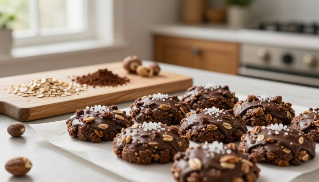 A beautifully arranged plate of no-bake chocolate oatmeal treats sits in the foreground, showcasing their rich, glossy chocolate exterior and textured oats. Each cookie is topped with a sprinkle of flaky sea salt, adding contrast to the soft, fudgy surface. In the middle ground, a wooden cutting board displays a few scattered ingredients like oats, cocoa powder, and nuts, hinting at variations to try. Soft, natural light filters in from a nearby window, casting gentle shadows and creating a warm, inviting atmosphere. In the background, a blurred kitchen setting reveals a rustic vibe with wooden cabinetry and a hint of greenery from potted plants. The overall mood is cozy and appealing, enticing viewers to explore these delightful no-bake treats. A beautifully arranged plate of no-bake chocolate oatmeal treats sits in the foreground, showcasing their rich, glossy chocolate exterior and textured oats. Each cookie is topped with a sprinkle of flaky sea salt, adding contrast to the soft, fudgy surface. In the middle ground, a wooden cutting board displays a few scattered ingredients like oats, cocoa powder, and nuts, hinting at variations to try. Soft, natural light filters in from a nearby window, casting gentle shadows and creating a warm, inviting atmosphere. In the background, a blurred kitchen setting reveals a rustic vibe with wooden cabinetry and a hint of greenery from potted plants. The overall mood is cozy and appealing, enticing viewers to explore these delightful no-bake treats.