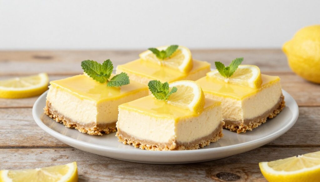 A beautifully arranged plate of no-bake lemon cheesecake bars, cut into neat squares, sits on a rustic wooden table. The bars are creamy with a buttery graham cracker crust, topped with a bright yellow lemon glaze and garnished with fresh lemon slices and mint leaves. A cool, white backdrop emphasizes the vibrant colors of the cheesecake, creating a refreshing and inviting atmosphere. Soft, natural lighting filters in from the side, casting gentle shadows and highlighting the smooth texture of the bars. The scene captures a sense of calm and indulgence, embodying a delightful treat ready to be enjoyed. The angle is slightly above, showcasing the layers and toppings, creating a mouthwatering visual appeal. A beautifully arranged plate of no-bake lemon cheesecake bars, cut into neat squares, sits on a rustic wooden table. The bars are creamy with a buttery graham cracker crust, topped with a bright yellow lemon glaze and garnished with fresh lemon slices and mint leaves. A cool, white backdrop emphasizes the vibrant colors of the cheesecake, creating a refreshing and inviting atmosphere. Soft, natural lighting filters in from the side, casting gentle shadows and highlighting the smooth texture of the bars. The scene captures a sense of calm and indulgence, embodying a delightful treat ready to be enjoyed. The angle is slightly above, showcasing the layers and toppings, creating a mouthwatering visual appeal.