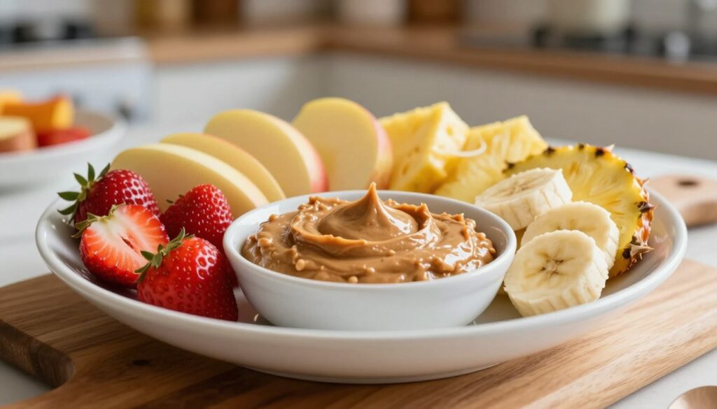 A beautifully arranged platter of fresh, colorful fruits including strawberries, apple slices, banana, and pineapple, surrounded by a creamy, rich nut butter dip in an elegant white bowl. The vibrant fruits glisten under soft, natural lighting, creating a warm, inviting atmosphere. In the foreground, a wooden serving board complements the scene, while in the background, a faintly blurred kitchen setting adds a homey touch. The composition captures the essence of a satisfying snack for gatherings, showcasing texture and color contrast. Use a shallow depth of field to focus sharply on the fruit dip and select fruits, while gently blurring the kitchen elements to enhance the cozy vibe. The overall mood is cheerful and appetizing, perfect for any occasion. A beautifully arranged platter of fresh, colorful fruits including strawberries, apple slices, banana, and pineapple, surrounded by a creamy, rich nut butter dip in an elegant white bowl. The vibrant fruits glisten under soft, natural lighting, creating a warm, inviting atmosphere. In the foreground, a wooden serving board complements the scene, while in the background, a faintly blurred kitchen setting adds a homey touch. The composition captures the essence of a satisfying snack for gatherings, showcasing texture and color contrast. Use a shallow depth of field to focus sharply on the fruit dip and select fruits, while gently blurring the kitchen elements to enhance the cozy vibe. The overall mood is cheerful and appetizing, perfect for any occasion.