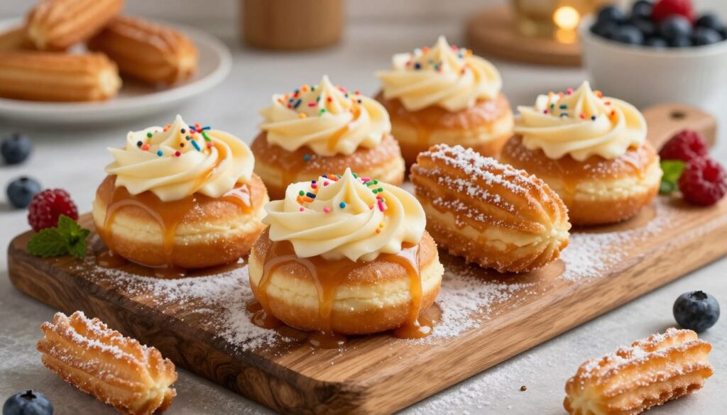 A beautifully arranged platter of gourmet churro cheesecake donuts, delicately decorated with a swirl of rich cream cheese frosting and drizzled with warm caramel sauce. The donuts are adorned with colorful sprinkles and a dusting of powdered sugar, enhancing their visual appeal. In the foreground, a few churro pieces are playfully scattered for added texture. The middle ground features the donuts artfully displayed on a rustic wooden board, with fresh berries and mint leaves for a pop of color. The background softly blurs into a cozy kitchen setting, with warm, ambient lighting accentuating the donuts' inviting glaze. Capture this scene from a slightly elevated angle, creating an enticing and joyful mood that emphasizes the deliciousness of the desserts.