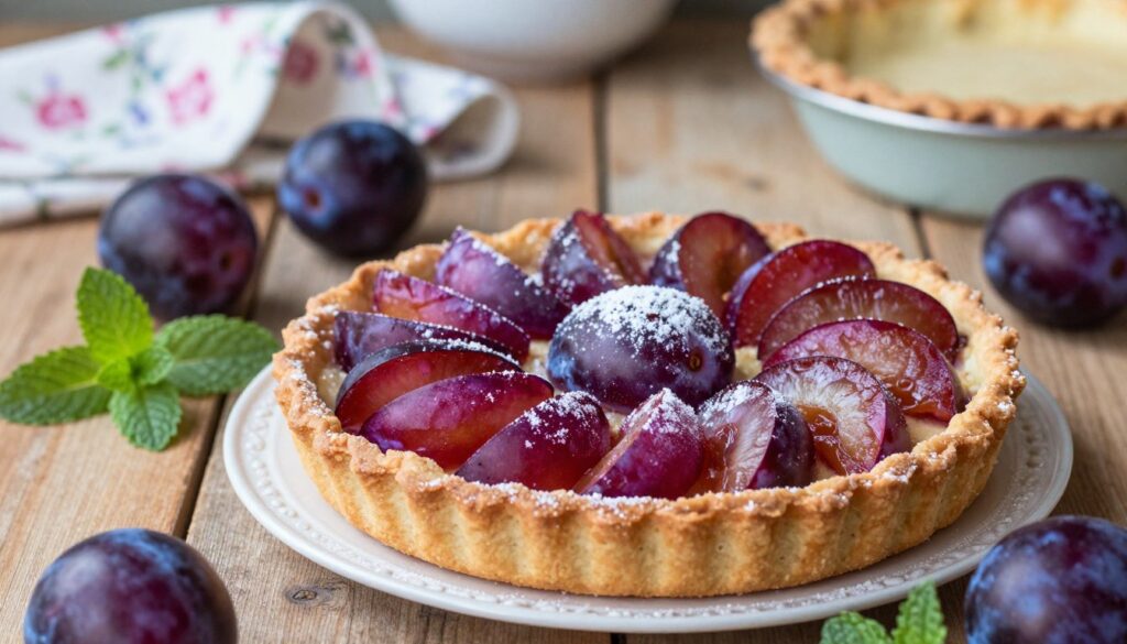A beautifully arranged plum tart sits in the foreground, showcasing a golden-brown crust filled with juicy, vibrant purple plums. The tart is garnished with a light dusting of powdered sugar, glistening in soft, natural light. Surrounding the tart are a few fresh, whole plums and sprigs of mint, adding a burst of color and freshness. In the middle ground, a rustic wooden table provides a warm and inviting backdrop, hinting at a cozy kitchen atmosphere. The background features softly blurred kitchen elements, like a delicate floral dish towel and a vintage pie dish, implying a homey setting. The overall mood evokes warmth and creativity, filled with the anticipation of delicious home baking. The angle captures a slight overhead view to highlight the inviting details of the tart.