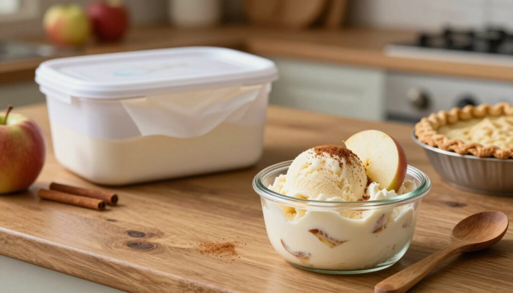 A beautifully arranged scene depicting homemade apple pie ice cream storage tips. In the foreground, a clear glass container filled with creamy apple pie ice cream, topped with a sprinkle of cinnamon and a slice of apple, sits on a rustic wooden kitchen counter. A wooden scoop rests beside it. In the middle ground, various storage options like an insulated ice cream tub and parchment paper for separation can be seen, showcasing organization tips. The background features a cozy kitchen with warm, soft lighting highlighting the ingredients—fresh apples, cinnamon sticks, and a pie crust, evoking a homely atmosphere. A shallow depth of field softens the background, focusing on the ice cream while giving a comforting, inviting mood to the image.