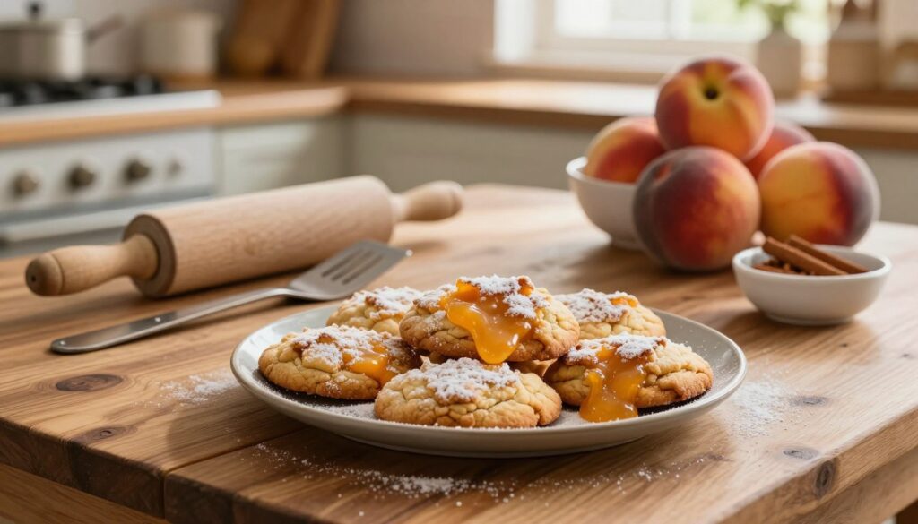 A beautifully arranged scene featuring easy peach cobbler cookies on a rustic wooden kitchen table. In the foreground, a plate of golden-brown cookies with warm, gooey peach filling spilling slightly from the edges, sprinkled with a light dusting of powdered sugar. In the middle, scattered kitchen tools like a rolling pin, measuring cups, and a spatula, all invitingly positioned next to a bowl of fresh ripe peaches and a small dish of cinnamon. The background showcases a cozy kitchen with warm lighting, where sunlight filters through a window, casting a soft, inviting glow. The atmosphere feels homey and comforting, perfect for baking. The image should focus on the cookies and tools, captured with a close-up angle to enhance the delicious details. A beautifully arranged scene featuring easy peach cobbler cookies on a rustic wooden kitchen table. In the foreground, a plate of golden-brown cookies with warm, gooey peach filling spilling slightly from the edges, sprinkled with a light dusting of powdered sugar. In the middle, scattered kitchen tools like a rolling pin, measuring cups, and a spatula, all invitingly positioned next to a bowl of fresh ripe peaches and a small dish of cinnamon. The background showcases a cozy kitchen with warm lighting, where sunlight filters through a window, casting a soft, inviting glow. The atmosphere feels homey and comforting, perfect for baking. The image should focus on the cookies and tools, captured with a close-up angle to enhance the delicious details.