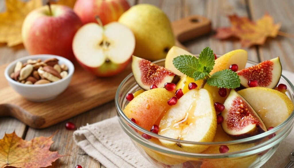 A beautifully arranged seasonal fruit salad, featuring vibrant autumn fruits such as crisp apples, juicy pears, and sweet figs, garnished with pomegranate seeds and mint leaves. In the foreground, a glass bowl filled with a colorful mix of fruit showcases the textures and natural colors of each ingredient, all glistening with a light honey dressing. In the middle, a wooden cutting board with a few whole apples and pears sits alongside a small bowl of nuts, adding an inviting touch. The background features soft, warm light filtering through an autumn setting, creating a cozy and inviting atmosphere. The image captures an inviting and fresh mood, perfect for encouraging add-ins to enhance flavor. Use a slightly overhead angle to give a complete view of the beautiful salad.
