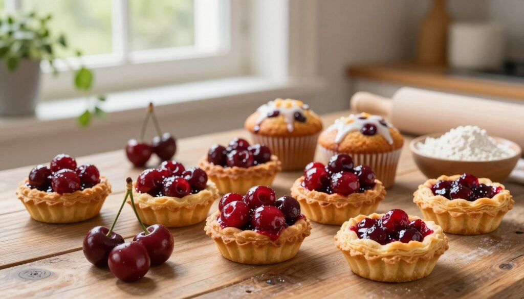 A beautifully arranged selection of freshly baked cherry goods prominently placed in the foreground, including glossy cherry tarts with flaky crusts, cherry-infused muffins topped with a light glaze, and delicate pastries filled with sweet cherry compote. The middle ground features a rustic wooden table with a few scattered tart cherries and a bowl of flour, hinting at the baking process. In the background, soft-focus kitchen elements like a window with natural light streaming in, herbs growing on a windowsill, and a rolling pin, creating a warm, inviting atmosphere. The lighting is soft and warm, reminiscent of a cozy bakery. The image conveys a sense of comfort and indulgence, perfect for showcasing the deliciousness of incorporating tart cherries into baked goods. A beautifully arranged selection of freshly baked cherry goods prominently placed in the foreground, including glossy cherry tarts with flaky crusts, cherry-infused muffins topped with a light glaze, and delicate pastries filled with sweet cherry compote. The middle ground features a rustic wooden table with a few scattered tart cherries and a bowl of flour, hinting at the baking process. In the background, soft-focus kitchen elements like a window with natural light streaming in, herbs growing on a windowsill, and a rolling pin, creating a warm, inviting atmosphere. The lighting is soft and warm, reminiscent of a cozy bakery. The image conveys a sense of comfort and indulgence, perfect for showcasing the deliciousness of incorporating tart cherries into baked goods.