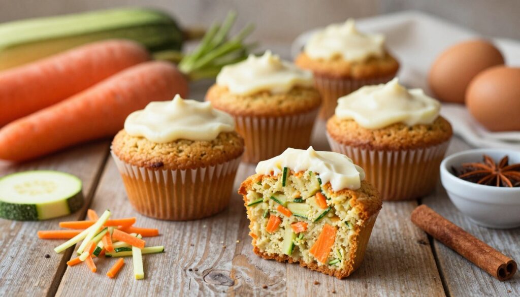 A beautifully arranged set of freshly baked carrot cake zucchini muffins on a rustic wooden table, with a soft focus in the background. In the foreground, a muffin is cut in half, showcasing its moist and fluffy interior with visible shreds of zucchini and chunks of carrots, topped lightly with a creamy cream cheese frosting. Scattered around are essential ingredients like grated zucchini, carrots, eggs, and a small bowl of spices, including cinnamon and nutmeg, adding color and texture. Natural daylight filters in from the side, creating inviting shadows and a warm, cozy atmosphere. The composition is shot at a slight angle, enhancing the muffins' tempting appeal while ensuring the focus remains on the delicious baked treats.