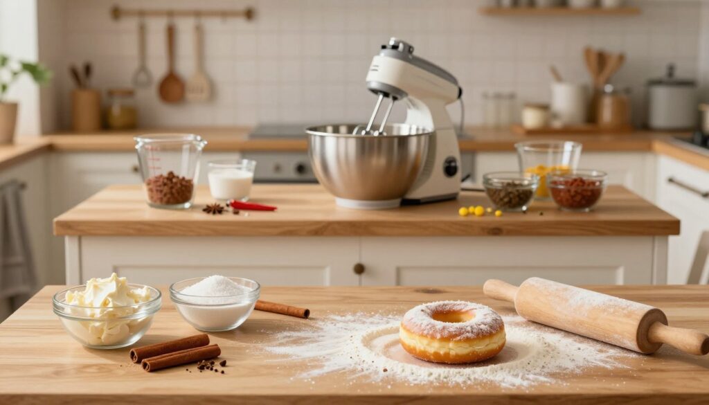 A beautifully arranged step-by-step setup for making churro cheesecake donuts. In the foreground, a wooden table displays neatly parceled ingredients: cream cheese, sugar, cinnamon, and flour in clear bowls. A partially made donut rests on a floured surface, with a rolling pin and ingredients scattered artistically. The middle layer reveals a mixing bowl with a hand mixer, surrounded by measuring cups and a colorful array of spices. In the background, a softly lit kitchen with warm, inviting hues creates a cozy atmosphere, featuring hanging utensils and a few baking tools. Gentle natural light filters through a window, enhancing texture and detail. The mood is homely and enticing, inspiring viewers to dive into the recipe.