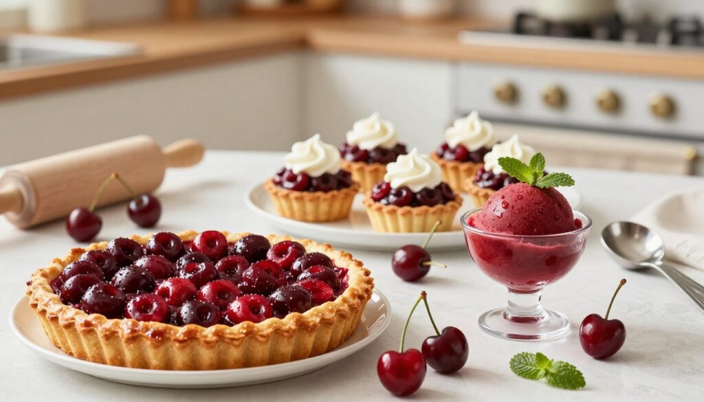 A beautifully arranged table featuring an array of sweet tart cherry desserts. In the foreground, focus on a mouthwatering tart cherry pie, its flaky crust glistening with a warm, golden hue and topped with fresh cherries. Nearby, a decadent cherry sorbet sits in a delicate glass, sprinkled with mint leaves. The middle section includes elegant tartlets filled with rich cherry ganache, garnished with dollops of whipped cream. Scattered around are vibrant, juicy cherries and baking utensils, like a rolling pin and measuring spoons, hinting at homemade goodness. The background reveals a cozy kitchen setting with soft, warm lighting, creating an inviting atmosphere. The image captures a delightful moment, evoking feelings of comfort and indulgence. A beautifully arranged table featuring an array of sweet tart cherry desserts. In the foreground, focus on a mouthwatering tart cherry pie, its flaky crust glistening with a warm, golden hue and topped with fresh cherries. Nearby, a decadent cherry sorbet sits in a delicate glass, sprinkled with mint leaves. The middle section includes elegant tartlets filled with rich cherry ganache, garnished with dollops of whipped cream. Scattered around are vibrant, juicy cherries and baking utensils, like a rolling pin and measuring spoons, hinting at homemade goodness. The background reveals a cozy kitchen setting with soft, warm lighting, creating an inviting atmosphere. The image captures a delightful moment, evoking feelings of comfort and indulgence.