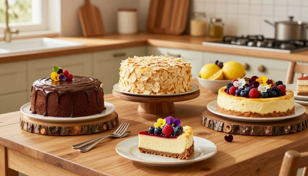A beautifully arranged table featuring an assortment of decadent gluten-free cakes, including a rich chocolate cake with velvety ganache, a light and fluffy lemon almond cake, and a vibrant berry-topped cheesecake. Each cake is elegantly plated on rustic wooden stands, adorned with fresh fruit and edible flowers for an inviting touch. The scene is set in a cozy, sunlit kitchen with warm wooden cabinetry and soft, diffused lighting. The foreground showcases a delicate slice being served onto an elegant plate, while the background reveals a soft-focus of baking utensils and gourmet ingredients. The atmosphere is warm and inviting, inspiring a sense of indulgence and joy in gluten-free baking. A beautifully arranged table featuring an assortment of decadent gluten-free cakes, including a rich chocolate cake with velvety ganache, a light and fluffy lemon almond cake, and a vibrant berry-topped cheesecake. Each cake is elegantly plated on rustic wooden stands, adorned with fresh fruit and edible flowers for an inviting touch. The scene is set in a cozy, sunlit kitchen with warm wooden cabinetry and soft, diffused lighting. The foreground showcases a delicate slice being served onto an elegant plate, while the background reveals a soft-focus of baking utensils and gourmet ingredients. The atmosphere is warm and inviting, inspiring a sense of indulgence and joy in gluten-free baking.