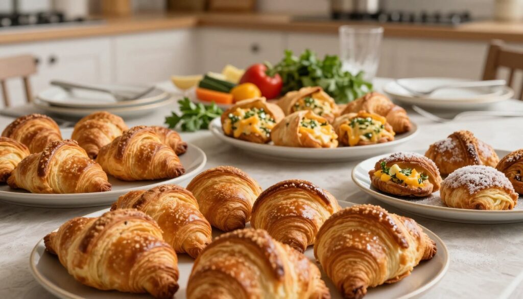 A beautifully arranged table showcasing a variety of delicious crescent roll dishes, including classic buttery pops, savory stuffed crescents filled with cheese and herbs, and sweet options with cinnamon and sugar. In the foreground, a platter of warm, golden-brown crescent rolls glistens under soft, warm lighting, highlighting their flaky texture. The middle ground features a carefully decorated table with elegant serving dishes and utensils, surrounded by garnishes like fresh parsley and colorful vegetables that contrast with the warm tones of the rolls. In the background, a soft-focus kitchen setting adds a welcoming atmosphere to the scene. The mood is cozy and inviting, perfect for a family dinner or gathering. The composition emphasizes the variety of crescent roll pairings without any text or distractions.