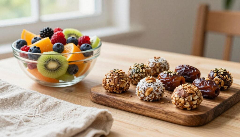 A beautifully arranged table showcasing a variety of healthy gluten-free desserts, prominently featuring a vibrant fruit salad made with fresh berries, kiwi, and citrus fruits in a clear glass bowl. Beside it, there are energy bites neatly arranged on a rustic wooden platter, made from nuts, coconut, and dates, with a sprinkle of seeds on top. The background includes soft, natural lighting filtering in through a nearby window, creating a warm, inviting atmosphere. In the foreground, a delicate linen cloth adds texture to the scene. The overall composition is serene and appetizing, emphasizing the freshness and healthiness of the desserts, ideal for showcasing a delicious alternative to traditional sweets. A beautifully arranged table showcasing a variety of healthy gluten-free desserts, prominently featuring a vibrant fruit salad made with fresh berries, kiwi, and citrus fruits in a clear glass bowl. Beside it, there are energy bites neatly arranged on a rustic wooden platter, made from nuts, coconut, and dates, with a sprinkle of seeds on top. The background includes soft, natural lighting filtering in through a nearby window, creating a warm, inviting atmosphere. In the foreground, a delicate linen cloth adds texture to the scene. The overall composition is serene and appetizing, emphasizing the freshness and healthiness of the desserts, ideal for showcasing a delicious alternative to traditional sweets.