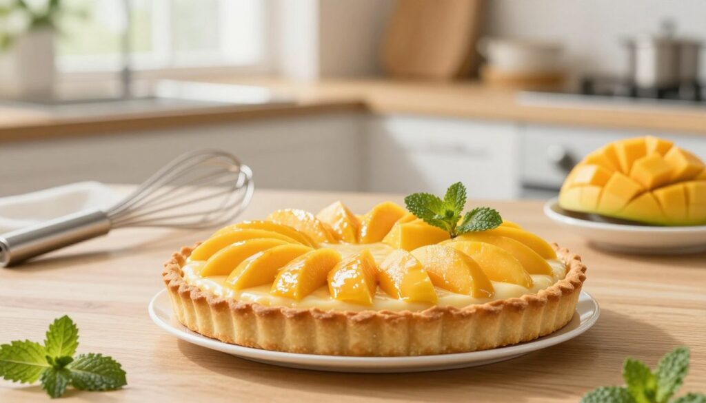A beautifully assembled mango tart sits elegantly on a wooden table, foreground showcasing the tart's golden, flaky crust adorned with alternating layers of fresh mango slices, glistening with a light glaze. The creamy filling peeks out, rich and inviting, while mint leaves add a touch of color. In the middle ground, a few kitchen tools like a whisk and a measuring cup subtly hint at the preparation process, along with a small bowl of ripe mango chunks intended for garnish. The background features a softly blurred kitchen setting with warm, natural light streaming through a window, enhancing the inviting, fresh atmosphere. The image captures a serene and cheerful mood, perfect for a delightful dessert experience. A beautifully assembled mango tart sits elegantly on a wooden table, foreground showcasing the tart's golden, flaky crust adorned with alternating layers of fresh mango slices, glistening with a light glaze. The creamy filling peeks out, rich and inviting, while mint leaves add a touch of color. In the middle ground, a few kitchen tools like a whisk and a measuring cup subtly hint at the preparation process, along with a small bowl of ripe mango chunks intended for garnish. The background features a softly blurred kitchen setting with warm, natural light streaming through a window, enhancing the inviting, fresh atmosphere. The image captures a serene and cheerful mood, perfect for a delightful dessert experience.