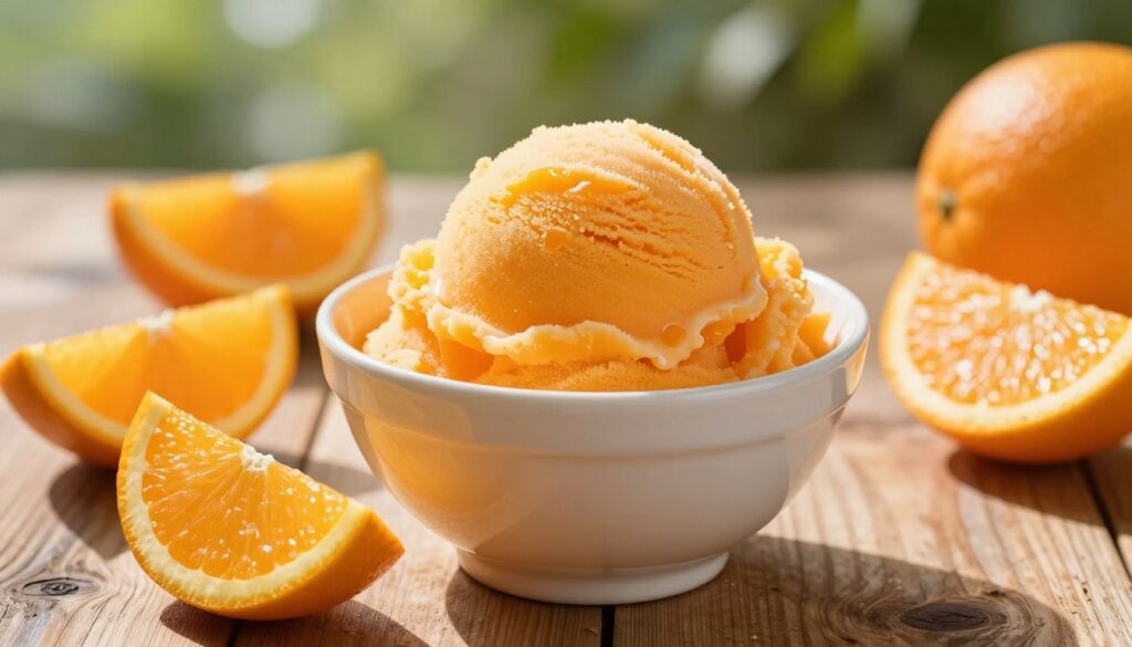 A beautifully crafted bowl of creamy orange sorbet, sitting atop a rustic wooden table, with a few orange slices artistically placed around it. The sorbet has a smooth, velvety texture, a vibrant orange color that catches the light, showcasing its refreshing appeal. In the background, soft-focus greenery suggests a sunny summer day, while a gentle sunbeam highlights the sorbet, creating a warm and inviting atmosphere. Use natural lighting to enhance the richness of the colors, and a shallow depth of field to emphasize the sorbet as the main subject. Capture this scene from a slightly elevated angle, giving a clear view of the sorbet and surrounding oranges, evoking a sense of freshness and indulgence perfect for a summer treat.