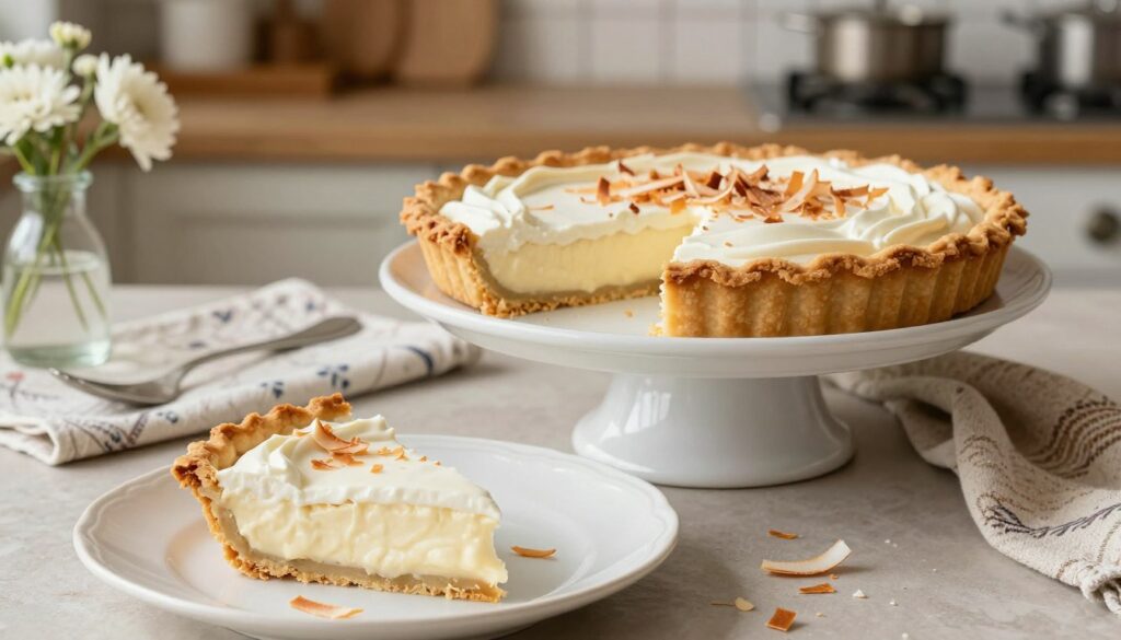 A beautifully crafted coconut cream pie sits elegantly on a white cake stand, displaying its golden-brown crust and perfectly whipped cream topping, crowned with toasted coconut flakes. In the foreground, a slice of the pie is gently placed on a delicate porcelain plate, revealing the creamy coconut filling inside, with a few coconut shavings artistically scattered around. The middle ground features a softly lit kitchen countertop with a patterned kitchen cloth and a small vase of fresh flowers, enhancing the warmth of the scene. In the background, subtle hints of a rustic kitchen are visible, with wooden shelves holding baking supplies. The soft, natural lighting creates a cozy and inviting atmosphere, perfect for a relaxed family gathering. The camera angle is slightly above eye level, focusing on the pie and slice for an enticing view.