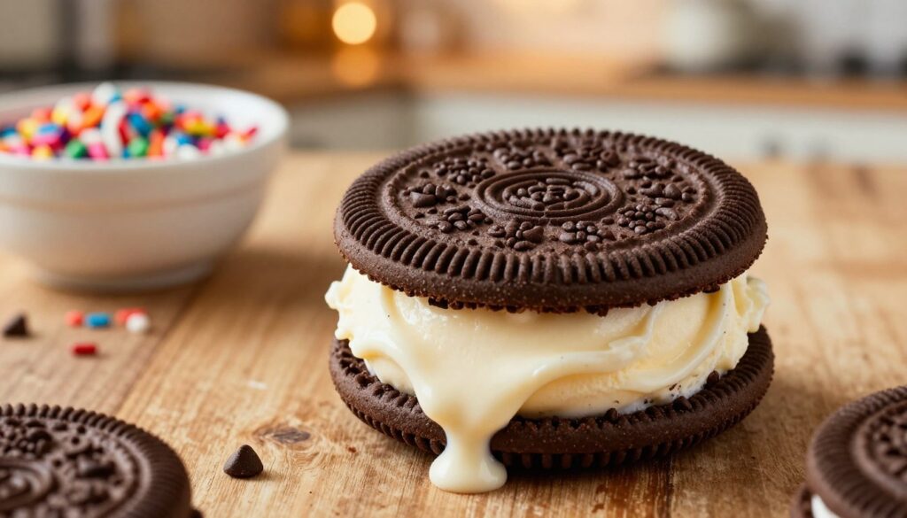 A beautifully crafted ice cream sandwich featuring two rich, dark chocolate Oreo cookies is positioned prominently in the foreground, oozing with creamy vanilla ice cream. The cookies exhibit a glossy finish, with a sprinkling of chocolate chips visible on the edges, creating a mouth-watering appeal. In the middle ground, a subtle, blurred view of a rustic wooden table hints at a cozy kitchen setting, while a soft-focus bowl of colorful sprinkles sits invitingly nearby. The background features warm, inviting kitchen lighting, casting a golden glow that enhances the deliciousness of the scene. The atmosphere is cheerful and inviting, perfect for a family dessert-making moment. The angle is slightly elevated, providing a top-down view that captures the texture and detail of the sandwich magnificently.