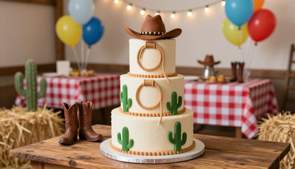 A beautifully crafted rodeo-themed birthday cake, featuring three tiers adorned with intricate details like fondant cowboy hats, lasso ropes, and miniature edible cacti. The foreground showcases the cake on a rustic wooden table, surrounded by colorful party decorations such as hay bales and cowboy boots. In the middle, a festive atmosphere is created with balloons and a tablecloth patterned in checkered red and white. The background features soft glowing string lights that add warmth to the scene, evoking a cozy celebration. The lighting is bright and cheerful, capturing the essence of a joyful cowboy party. The scene is viewed from a slightly elevated angle, enhancing the cake's details while inviting a sense of occasion and fun. A beautifully crafted rodeo-themed birthday cake, featuring three tiers adorned with intricate details like fondant cowboy hats, lasso ropes, and miniature edible cacti. The foreground showcases the cake on a rustic wooden table, surrounded by colorful party decorations such as hay bales and cowboy boots. In the middle, a festive atmosphere is created with balloons and a tablecloth patterned in checkered red and white. The background features soft glowing string lights that add warmth to the scene, evoking a cozy celebration. The lighting is bright and cheerful, capturing the essence of a joyful cowboy party. The scene is viewed from a slightly elevated angle, enhancing the cake's details while inviting a sense of occasion and fun.