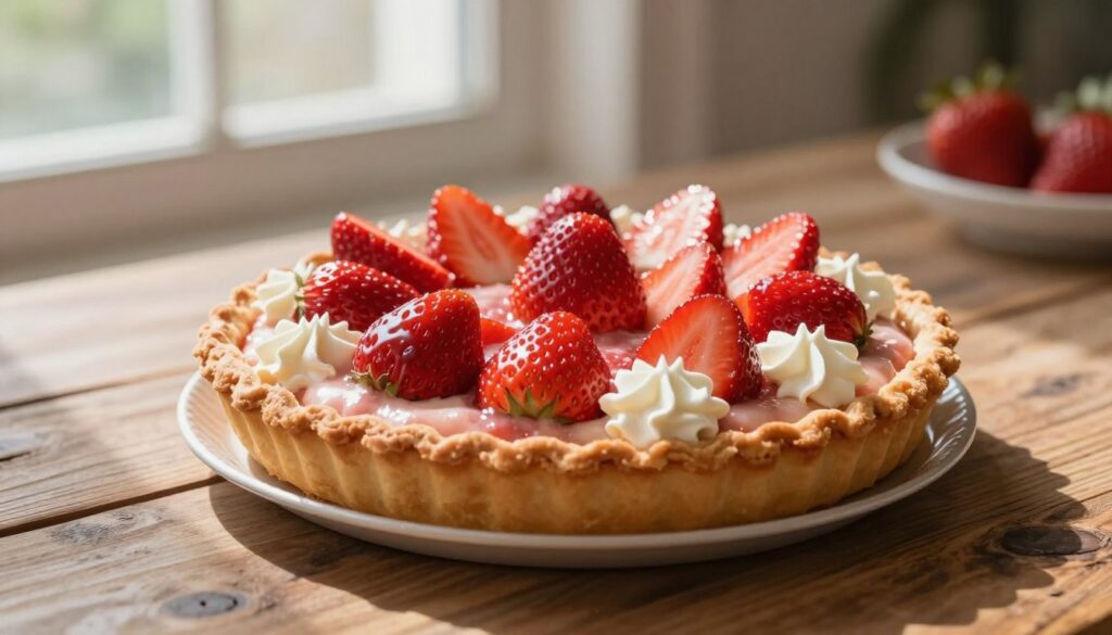 A beautifully crafted strawberry cream pie, sitting elegantly on a rustic wooden table. The pie features a flaky golden crust, perfectly baked, with a lush layer of creamy strawberry filling adorned with whole and sliced strawberries on top. The vibrant red strawberries glisten with a light glaze, inviting and mouth-watering, while dollops of whipped cream add a touch of richness around the edge. In the background, soft natural lighting filters through a nearby window, casting gentle shadows and enhancing the pie's colors. A subtle bokeh effect creates a dreamy atmosphere, drawing the viewer's focus to the pie as the centerpiece. The mood is warm and inviting, perfect for sharing delight at gatherings. A beautifully crafted strawberry cream pie, sitting elegantly on a rustic wooden table. The pie features a flaky golden crust, perfectly baked, with a lush layer of creamy strawberry filling adorned with whole and sliced strawberries on top. The vibrant red strawberries glisten with a light glaze, inviting and mouth-watering, while dollops of whipped cream add a touch of richness around the edge. In the background, soft natural lighting filters through a nearby window, casting gentle shadows and enhancing the pie's colors. A subtle bokeh effect creates a dreamy atmosphere, drawing the viewer's focus to the pie as the centerpiece. The mood is warm and inviting, perfect for sharing delight at gatherings.