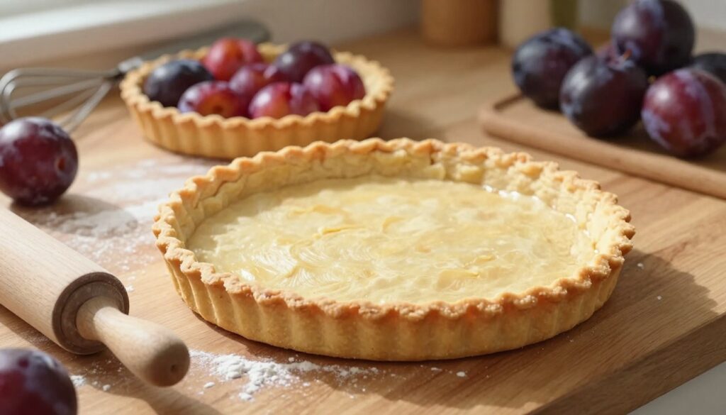 A beautifully crafted tart crust sits elegantly on a wooden kitchen countertop, showcasing its golden-brown hue and perfectly fluted edges. In the foreground, a small rolling pin and some scattered flour hint at the preparation process. The middle ground features the crust filled with vibrant, plump plums just waiting to be added. Soft, warm, natural lighting illuminates the scene, casting gentle shadows and highlighting the textures of the crust and plums. In the background, a few baking utensils and fresh plums can be seen, enhancing the culinary atmosphere. The overall mood is warm and inviting, capturing the essence of homemade baking and the joy of creating a delicious sweet treat.