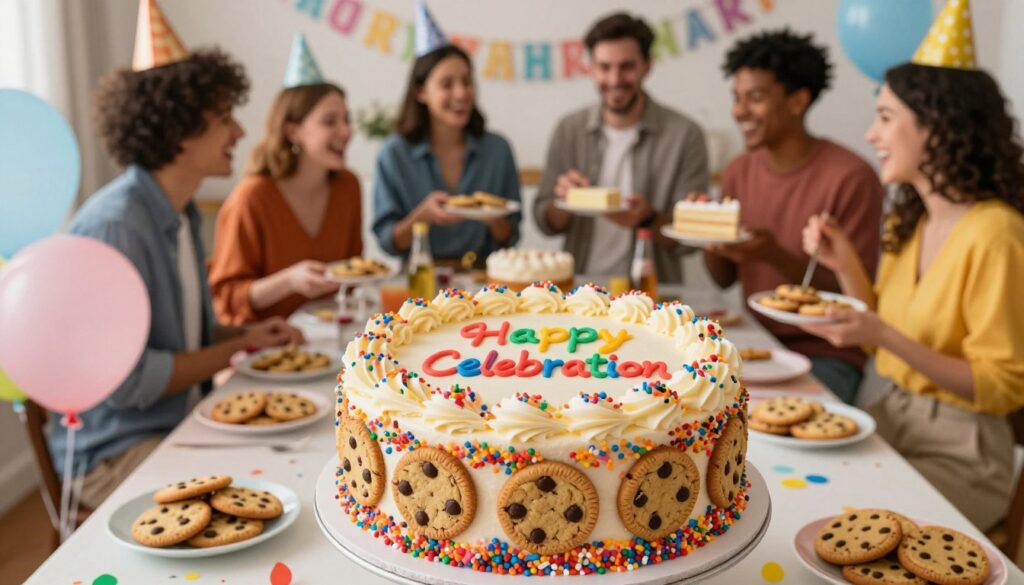 A beautifully decorated Great American cookie cake, centered in the foreground, with rich chocolate chip cookies, colorful sprinkles, and intricate frosting designs. The cake features a vibrant "Happy Celebration" message, elegantly piped in colorful icing. Surrounding the cake, party elements like balloons, confetti, and plates of cookies create a festive atmosphere. In the middle ground, a cheerful gathering of friends in smart casual attire, smiling and enjoying the moment, hold plates of cake and cookies. The background is softly blurred, showcasing a cozy, warmly lit room adorned with celebration decorations. The lighting is bright and inviting, creating a joyful mood perfect for celebrations. The camera angle captures the cake slightly from above, emphasizing its size and delightful decor. A beautifully decorated Great American cookie cake, centered in the foreground, with rich chocolate chip cookies, colorful sprinkles, and intricate frosting designs. The cake features a vibrant "Happy Celebration" message, elegantly piped in colorful icing. Surrounding the cake, party elements like balloons, confetti, and plates of cookies create a festive atmosphere. In the middle ground, a cheerful gathering of friends in smart casual attire, smiling and enjoying the moment, hold plates of cake and cookies. The background is softly blurred, showcasing a cozy, warmly lit room adorned with celebration decorations. The lighting is bright and inviting, creating a joyful mood perfect for celebrations. The camera angle captures the cake slightly from above, emphasizing its size and delightful decor.