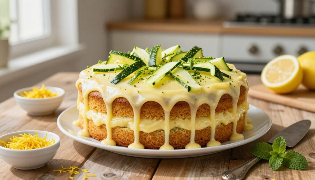 A beautifully decorated lemon zucchini cake is the centerpiece of the image, placed on a rustic wooden table. The cake is layered, showcasing a lush lemon frosting dripping slightly down the sides, with vibrant green zucchini shavings artfully sprinkled on top. Surrounding the cake are subtle enhancements like small bowls of fresh lemon zest, a few sprigs of mint for color, and a vintage cake server partially under the cake. Soft, natural lighting filters in from a nearby window, casting gentle shadows and creating a warm, inviting atmosphere. A blurred kitchen background suggests a cozy baking space, enhancing the feeling of a homemade culinary delight. The composition captures the essence of flavor and freshness, enticing viewers to appreciate the art of flavor enhancements in cake-making.