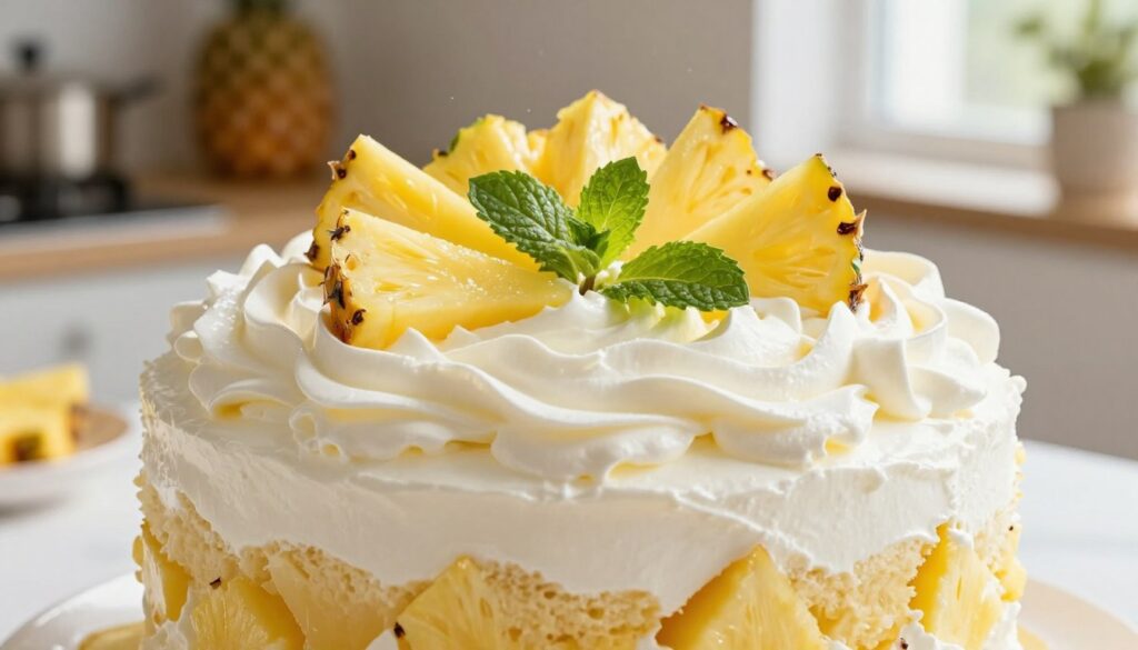 A beautifully decorated whipped cream topping for a Pineapple Heaven Cake, displayed as the star of the composition. In the foreground, a generous dollop of fluffy, rich, white whipped cream topped with delicate pineapple slices and mint leaves, glistening with a hint of tropical sheen. In the middle, the layers of the cake are partially visible, showcasing moist yellow cake and sweet pineapple filling. The background features a softly blurred kitchen setting with warm, natural light pouring in from a window, creating a cozy, inviting atmosphere. The image captures a mouthwatering, indulgent dessert moment, evoking feelings of sweetness and celebration, with an emphasis on freshness and culinary delight.