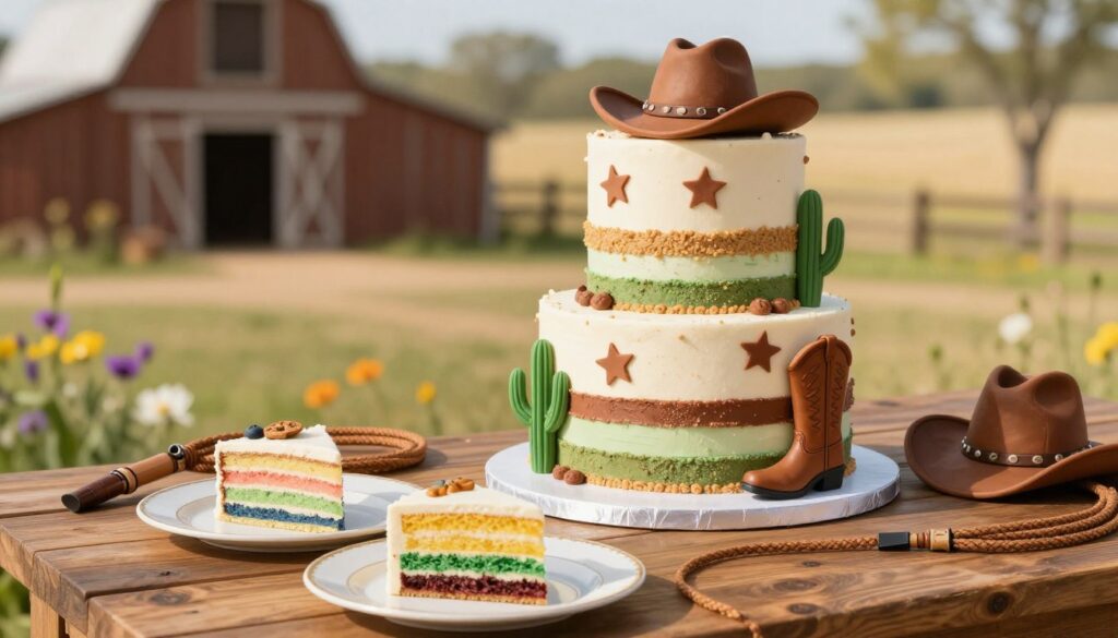 A beautifully designed cowboy-themed cake, showcasing a variety of special diet options such as gluten-free or vegan layers, elegantly decorated with rustic elements like edible cowboy boots, stars, and cacti. In the foreground, there are two slices artistically plated, revealing colorful layers inside. The middle ground features a vibrant, multi-tiered cake set on a wooden table, adorned with a lasso and miniature cowboy hats made from fondant. The background captures a warm, sunlit outdoor setting reminiscent of a western landscape, with blurred barn wood and wildflowers enhancing the atmosphere. The image is lit with soft, natural lighting, creating a inviting and cheerful mood, perfect for a festive celebration. A beautifully designed cowboy-themed cake, showcasing a variety of special diet options such as gluten-free or vegan layers, elegantly decorated with rustic elements like edible cowboy boots, stars, and cacti. In the foreground, there are two slices artistically plated, revealing colorful layers inside. The middle ground features a vibrant, multi-tiered cake set on a wooden table, adorned with a lasso and miniature cowboy hats made from fondant. The background captures a warm, sunlit outdoor setting reminiscent of a western landscape, with blurred barn wood and wildflowers enhancing the atmosphere. The image is lit with soft, natural lighting, creating a inviting and cheerful mood, perfect for a festive celebration.