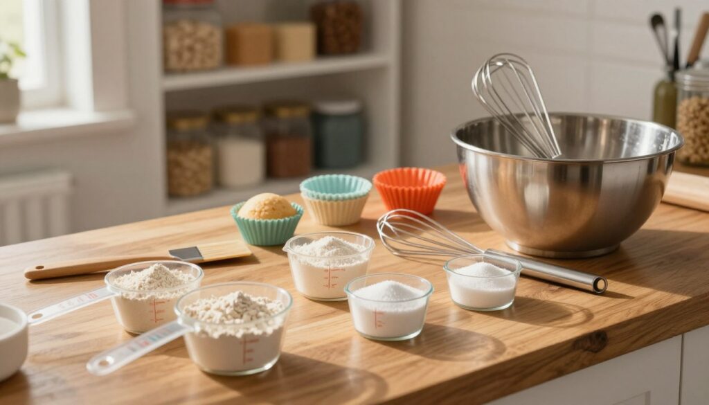 A beautifully organized baking workspace featuring essential tools for creating gluten-free cupcakes. In the foreground, showcase a set of measuring cups filled with gluten-free flour, baking soda, and sugar. A whisk and a mixing bowl are positioned beside them, glinting under soft, warm light. In the middle ground, include a variety of baking utensils such as silicone cupcake liners, a spatula, and a pastry brush, placed harmoniously on a wooden countertop. In the background, a well-stocked pantry is visible, with jars of gluten-free ingredients neatly arranged. The scene should convey a cozy and inviting atmosphere, enhanced by gentle shadows that suggest late afternoon sunlight filtering through a nearby window, with a shallow depth of field focusing on the tools, giving it an intimate, culinary feel. A beautifully organized baking workspace featuring essential tools for creating gluten-free cupcakes. In the foreground, showcase a set of measuring cups filled with gluten-free flour, baking soda, and sugar. A whisk and a mixing bowl are positioned beside them, glinting under soft, warm light. In the middle ground, include a variety of baking utensils such as silicone cupcake liners, a spatula, and a pastry brush, placed harmoniously on a wooden countertop. In the background, a well-stocked pantry is visible, with jars of gluten-free ingredients neatly arranged. The scene should convey a cozy and inviting atmosphere, enhanced by gentle shadows that suggest late afternoon sunlight filtering through a nearby window, with a shallow depth of field focusing on the tools, giving it an intimate, culinary feel.