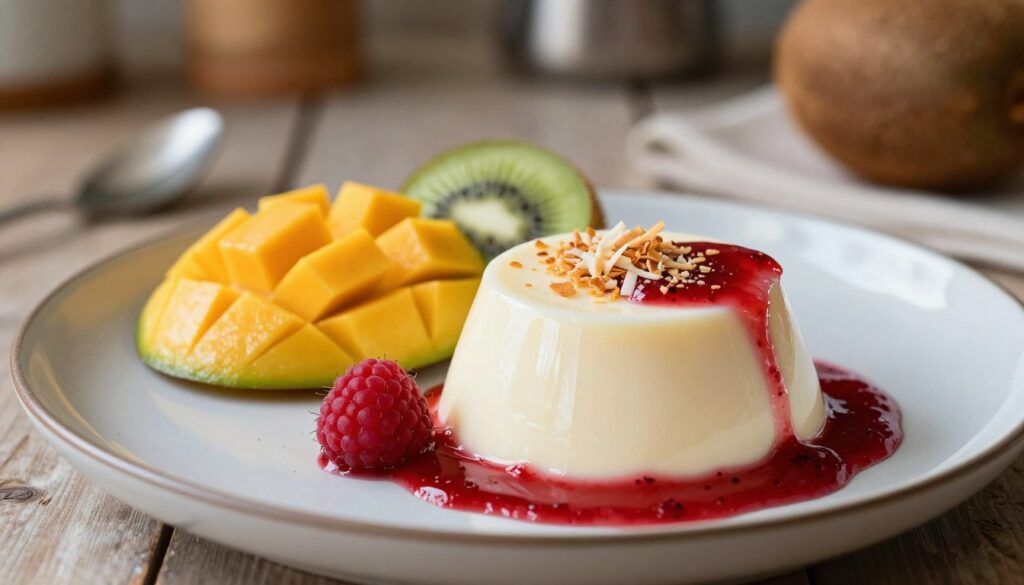 A beautifully plated coconut panna cotta dessert sits prominently in the foreground, showcasing its creamy, glossy texture topped with a delicate sprinkle of toasted coconut flakes and a vibrant raspberry coulis elegantly drizzled on the side. In the middle ground, a tasteful arrangement of fresh tropical fruits like mango slices and kiwi complements the dish, enhancing its colorful appeal. The background features a softly blurred, rustic kitchen setting with warm, natural lighting that creates an inviting atmosphere, evoking a sense of comfort and indulgence. The composition is shot from a slightly elevated angle, emphasizing the panna cotta's silky surface while capturing the inviting details of its garnishes, inviting viewers to savor the dessert's deliciousness.