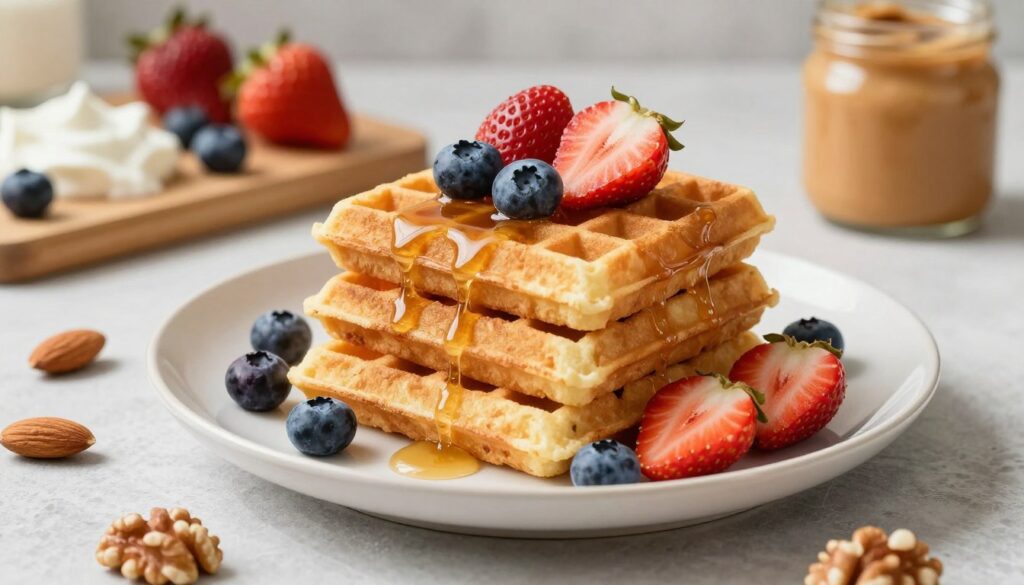 A beautifully plated stack of protein waffles, topped with fresh berries like blueberries and strawberries, drizzled with a light honey or maple syrup. The waffles should be golden brown, fluffy, and visually appealing, hinting at their nutritious ingredients. Arrange a few almonds or walnuts artistically around the plate, highlighting the healthy aspects. In the background, softly blurred kitchen elements such as a cutting board with an array of healthy toppings like Greek yogurt or nut butter can be seen, creating a warm and inviting atmosphere. Use natural daylight to cast gentle shadows, emphasizing the food's texture. The image should evoke health, indulgence, and a balanced diet, all while maintaining a clean and fresh aesthetic. A beautifully plated stack of protein waffles, topped with fresh berries like blueberries and strawberries, drizzled with a light honey or maple syrup. The waffles should be golden brown, fluffy, and visually appealing, hinting at their nutritious ingredients. Arrange a few almonds or walnuts artistically around the plate, highlighting the healthy aspects. In the background, softly blurred kitchen elements such as a cutting board with an array of healthy toppings like Greek yogurt or nut butter can be seen, creating a warm and inviting atmosphere. Use natural daylight to cast gentle shadows, emphasizing the food's texture. The image should evoke health, indulgence, and a balanced diet, all while maintaining a clean and fresh aesthetic.