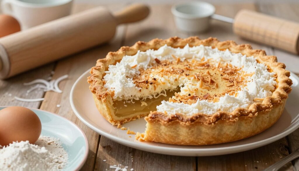 A beautifully presented French coconut pie sits on a rustic wooden table, showcasing its golden-brown crust and fluffy coconut topping. The pie is slightly angled to reveal its layers, with toasted coconut flakes glistening in soft, natural sunlight. In the foreground, there's a pastel-colored plate with fresh ingredients like eggs, shredded coconut, and a handful of flour, hinting at the recipe. Delicate kitchen utensils like a rolling pin and measuring cups are softly blurred in the background, adding depth. The lighting is warm and inviting, creating a cozy atmosphere that evokes a sense of comfort and homeliness, perfect for a delightful baking experience. The image should have a shallow depth of field, bringing the pie into sharp focus while gently softening the background elements.