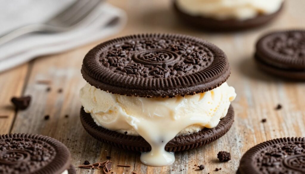 A beautifully presented Oreo ice cream sandwich takes center stage, showcasing rich, creamy vanilla ice cream nestled between two perfectly shaped, dark chocolate Oreo cookies. The sandwich is slightly melted, causing the ice cream to ooze out from the sides, glistening under soft, warm lighting which highlights the textures of the cookies and the smoothness of the ice cream. Surrounding the sandwich are scattered Oreo cookie crumbs and a sprinkle of chocolate shavings for added detail. In the background, a rustic wooden kitchen table creates a cozy atmosphere, with subtle kitchen utensils blurred in soft focus. The image is captured from a slightly elevated angle, giving a clear view of the delicious layers, evoking a sense of indulgence and homemade comfort.
