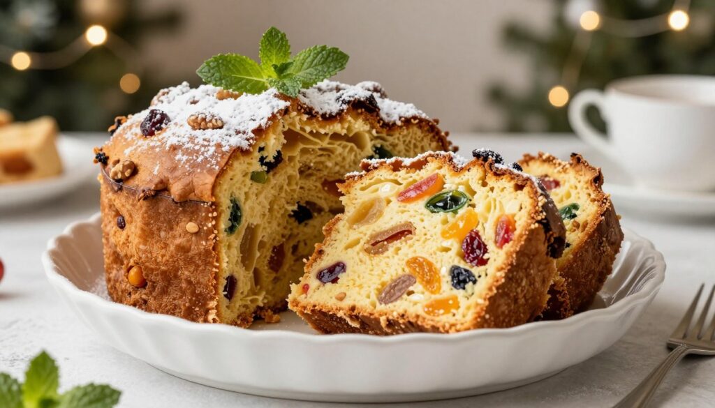 A beautifully presented dish of Christmas panettone bread pudding, featuring rich, golden-brown, and fluffy layers infused with colorful dried fruits and nuts. In the foreground, the pudding is served in an elegant white dish, garnished with a dusting of powdered sugar and sprigs of fresh mint. The middle ground showcases a sliced portion of the pudding, revealing its moist texture and glistening fruit bits. The background features warm, festive holiday decor with subtle twinkling lights and a soft-focus Christmas tree. The lighting is warm and inviting, creating a cozy atmosphere, captured with a shallow depth of field to draw attention to the dish. The angle should be slightly elevated, highlighting the pudding's rich details, evoking a sense of holiday comfort and celebration. A beautifully presented dish of Christmas panettone bread pudding, featuring rich, golden-brown, and fluffy layers infused with colorful dried fruits and nuts. In the foreground, the pudding is served in an elegant white dish, garnished with a dusting of powdered sugar and sprigs of fresh mint. The middle ground showcases a sliced portion of the pudding, revealing its moist texture and glistening fruit bits. The background features warm, festive holiday decor with subtle twinkling lights and a soft-focus Christmas tree. The lighting is warm and inviting, creating a cozy atmosphere, captured with a shallow depth of field to draw attention to the dish. The angle should be slightly elevated, highlighting the pudding's rich details, evoking a sense of holiday comfort and celebration.