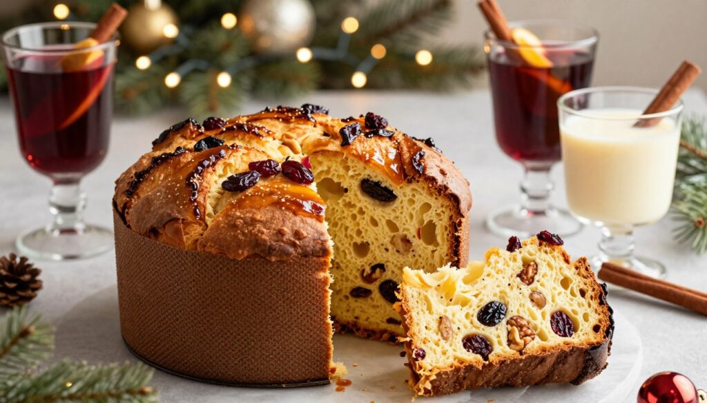 A beautifully presented homemade panettone bread pudding sits at the forefront, its golden-brown crust slightly glistening with caramelized edges. The pudding is cut into generous, inviting portions, revealing soft, fluffy interiors studded with dried fruits and nuts. Surrounding the dessert are elegant glassware filled with complementary holiday beverages, such as a rich aromatic mulled wine and a creamy eggnog, each adorned with cinnamon sticks and festive garnishes. In the background, a softly blurred holiday-themed setting features twinkling fairy lights and seasonal decorations, enhancing the warm, inviting atmosphere. The scene is lit with soft, diffused lighting to evoke a cozy, festive mood. The image is captured from a slightly elevated angle, focusing on the textures and colors, inviting viewers to indulge in the holiday spirit. A beautifully presented homemade panettone bread pudding sits at the forefront, its golden-brown crust slightly glistening with caramelized edges. The pudding is cut into generous, inviting portions, revealing soft, fluffy interiors studded with dried fruits and nuts. Surrounding the dessert are elegant glassware filled with complementary holiday beverages, such as a rich aromatic mulled wine and a creamy eggnog, each adorned with cinnamon sticks and festive garnishes. In the background, a softly blurred holiday-themed setting features twinkling fairy lights and seasonal decorations, enhancing the warm, inviting atmosphere. The scene is lit with soft, diffused lighting to evoke a cozy, festive mood. The image is captured from a slightly elevated angle, focusing on the textures and colors, inviting viewers to indulge in the holiday spirit.